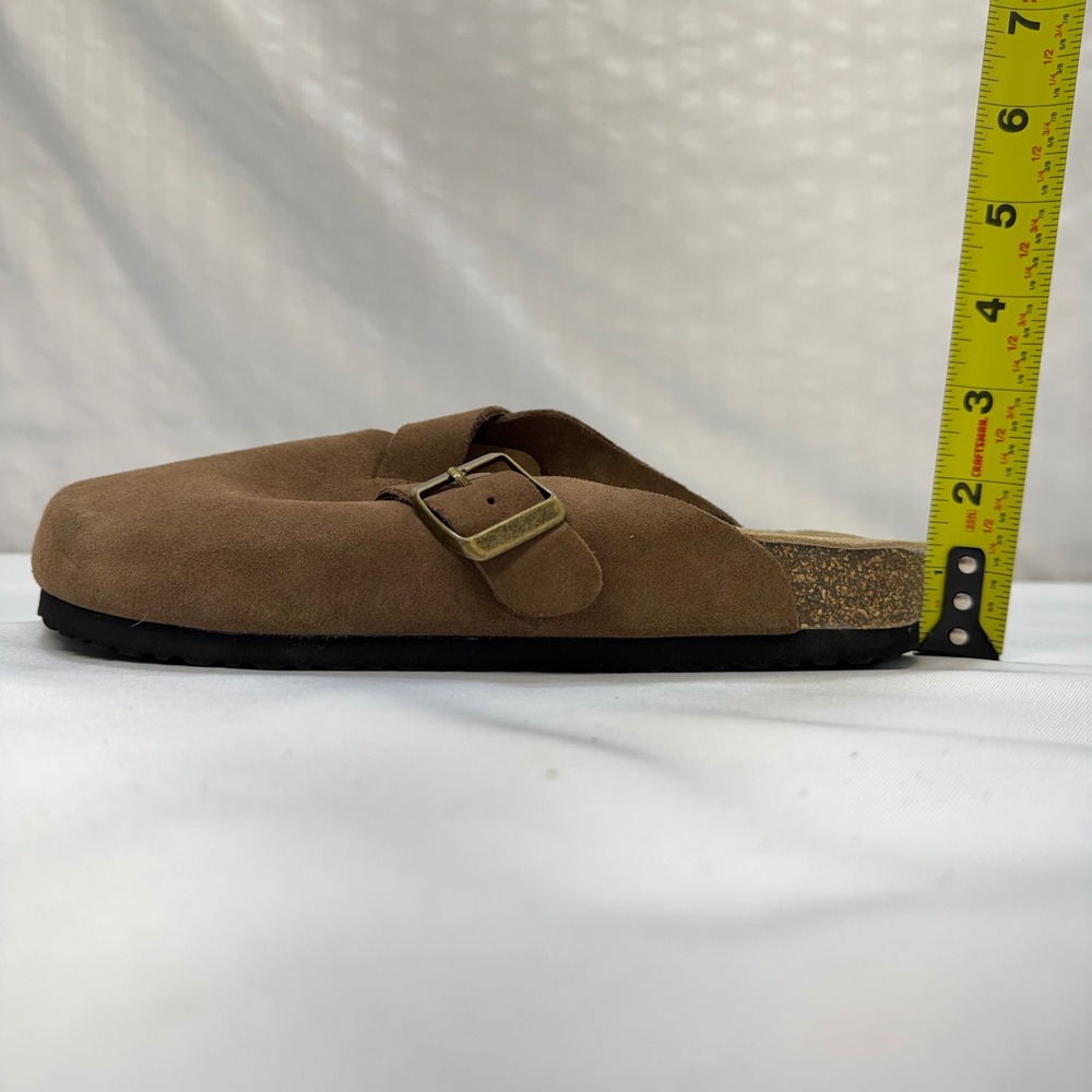 Quince Suede Clog Mules Women Size 8 Brown Buckle Strap Cork Footbed Shoes - Picture 11 of 12